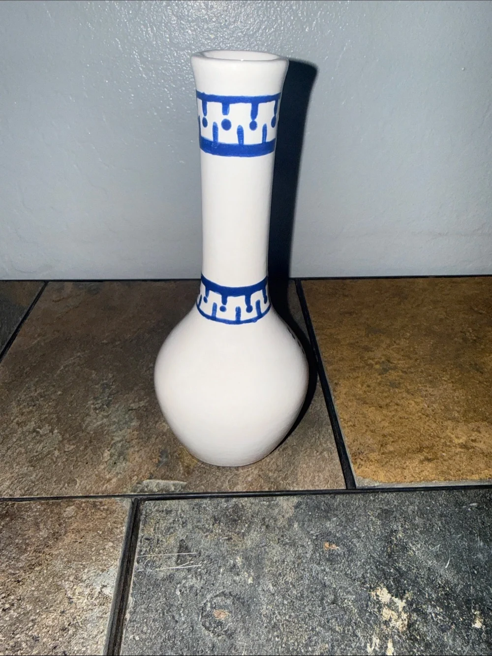 Hand Painted Blue and White Ceramic Bud Vase Folk Art Geometric Pattern 7.5